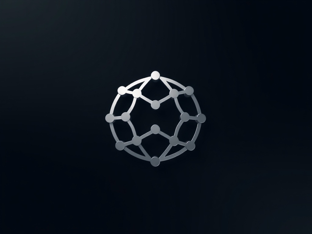 Minimalist geometric logo mark of interconnected nodes, metallic finish, dark background with subtle gradient, 8k photorealistic render, clean and modern.